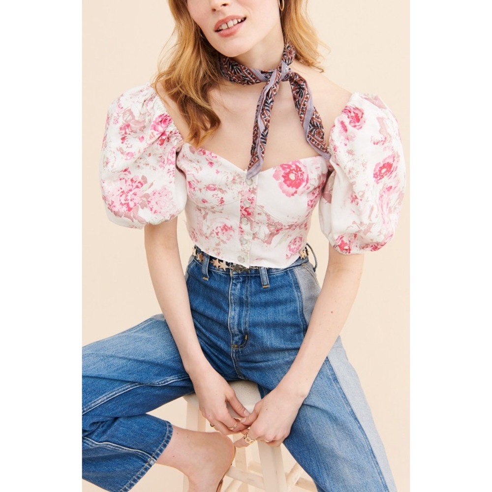 For Love & Lemons Pink Floral Corduroy Puff Sleeve Crop Top XS